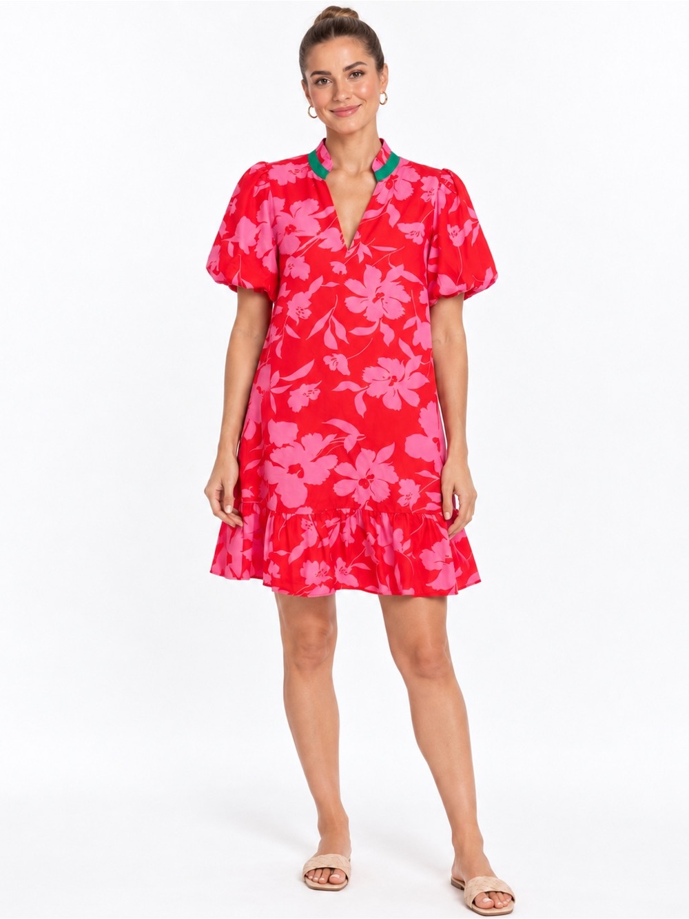 THML Red Pink Floral Puff Sleeve Shift Mini Dress Green Trim Ruffle Hem Size XL